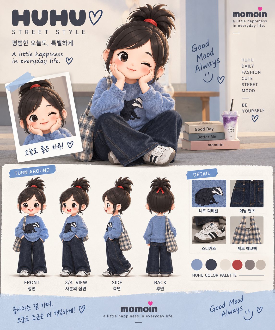 후후 오소리 니트 룩 — 블루 스웨터와 와이드 데님