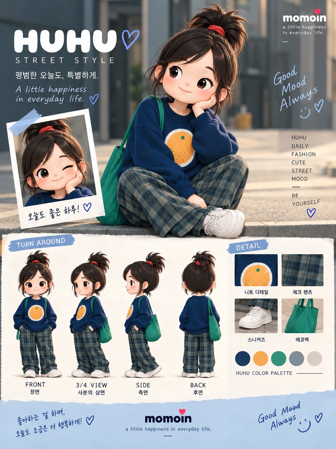 후후 오렌지 니트 룩 — 네이비 스웨터와 그린 에코백