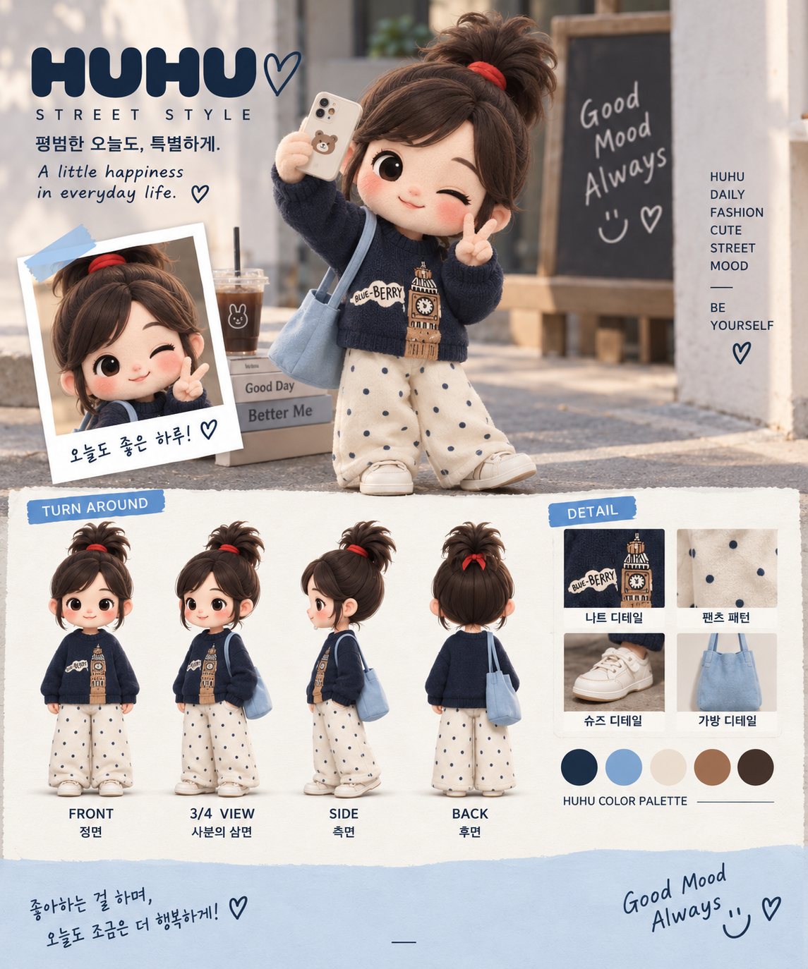 후후 셀피 룩 — 네이비 니트와 도트 팬츠